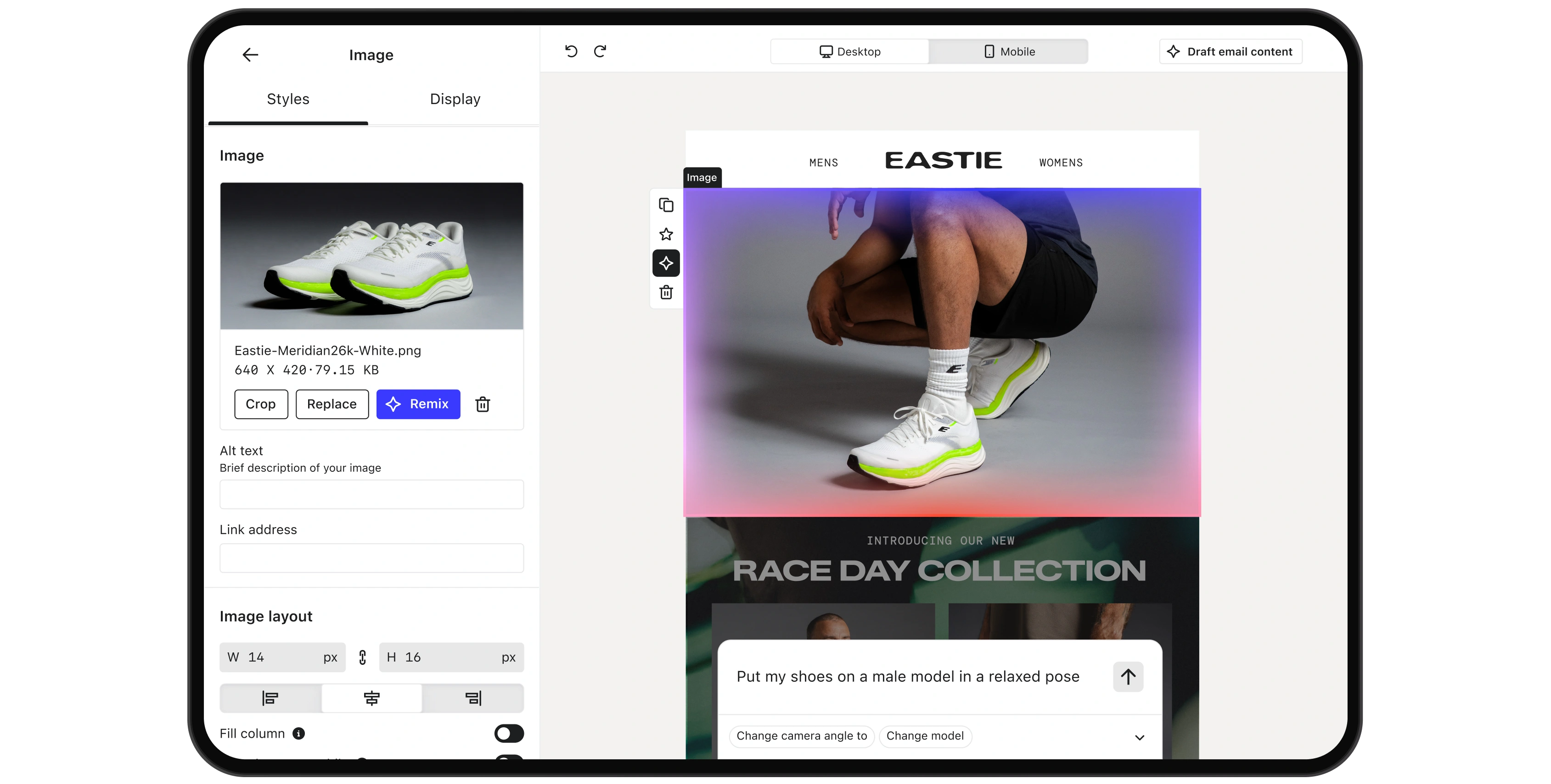 Email editor showing a sportswear campaign with a crouching model wearing white and neon green running shoes.