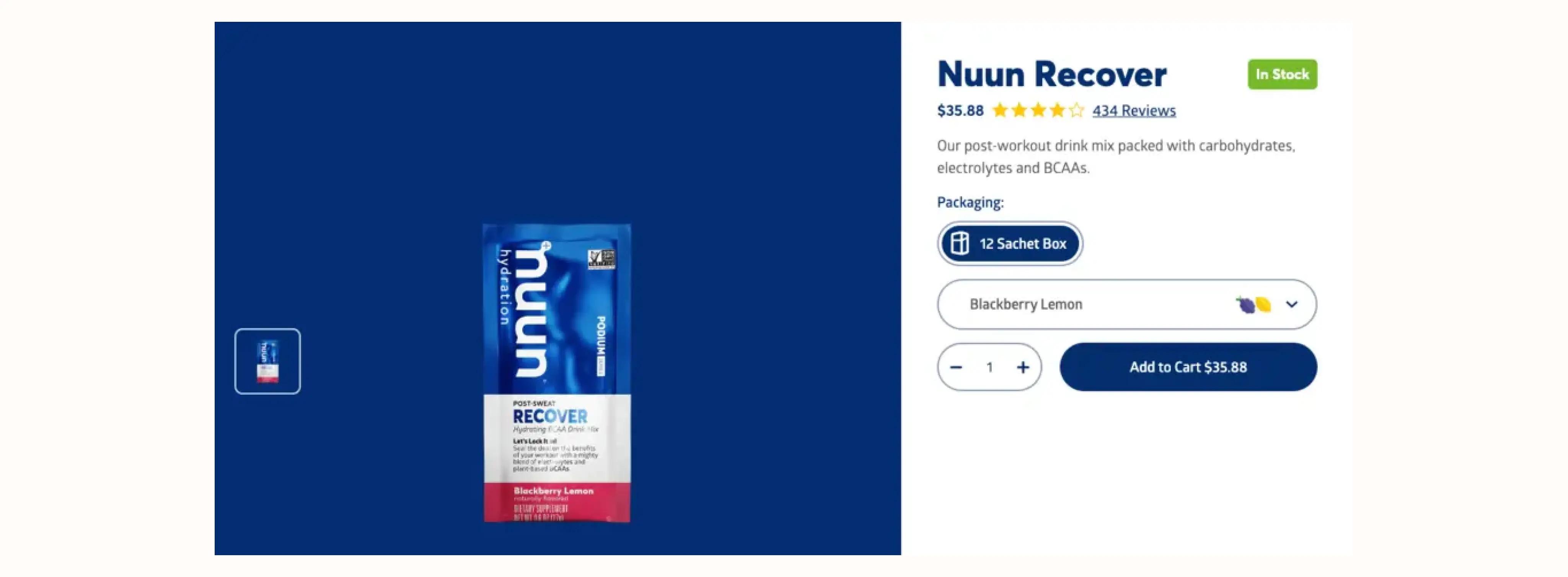 Image shows a blue, red, and white packet of blackberry lemon nutrition drink powder against a blue background. Beside it is a product purchase interface with a yellow 4-star rating out of 5, with a review count of 434 reviews. Underneath is a blue add-to-cart button that reads, “Add to Cart $35.88.”