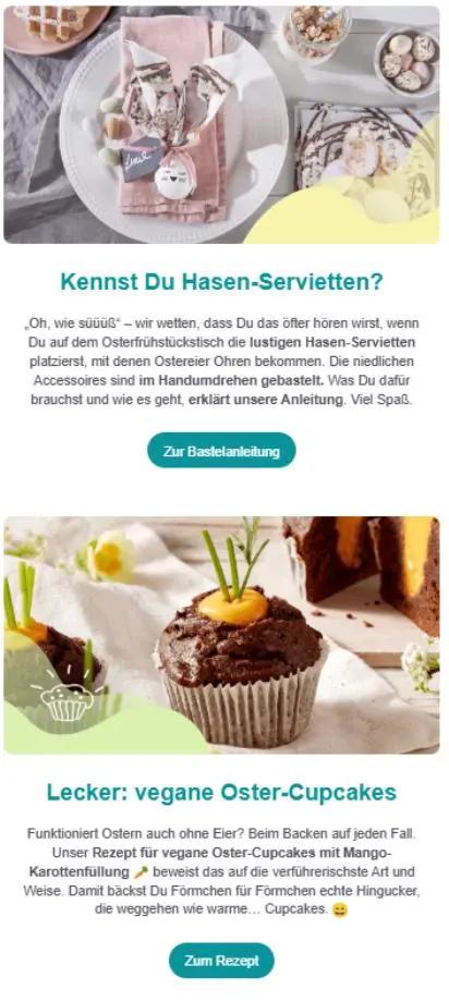 Oster-Newsletter mit Anleitungen für Hasen-Servietten und Rezept für vegane Oster-Cupcakes mit Mango-Karottenfüllung.