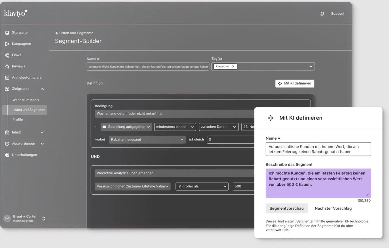 Klaviyo CRM-System zeigt den Segment-Builder mit einer Definition für Kunden, die an Feiertagen keine Rabatte genutzt haben.