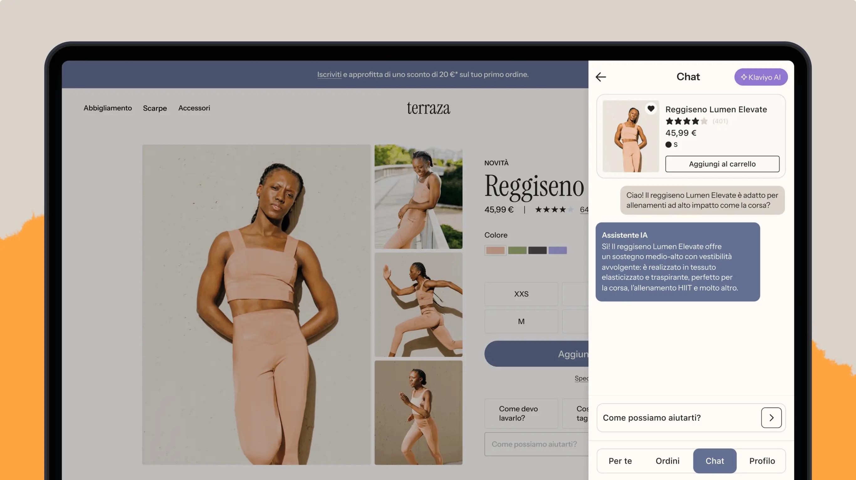 Interfaccia di shopping online per il reggiseno Lumen Elevate con assistenza tramite chat basata sull'IA. Modella che indossa il prodotto. Vengono mostrati il prezzo e le opzioni di colore.