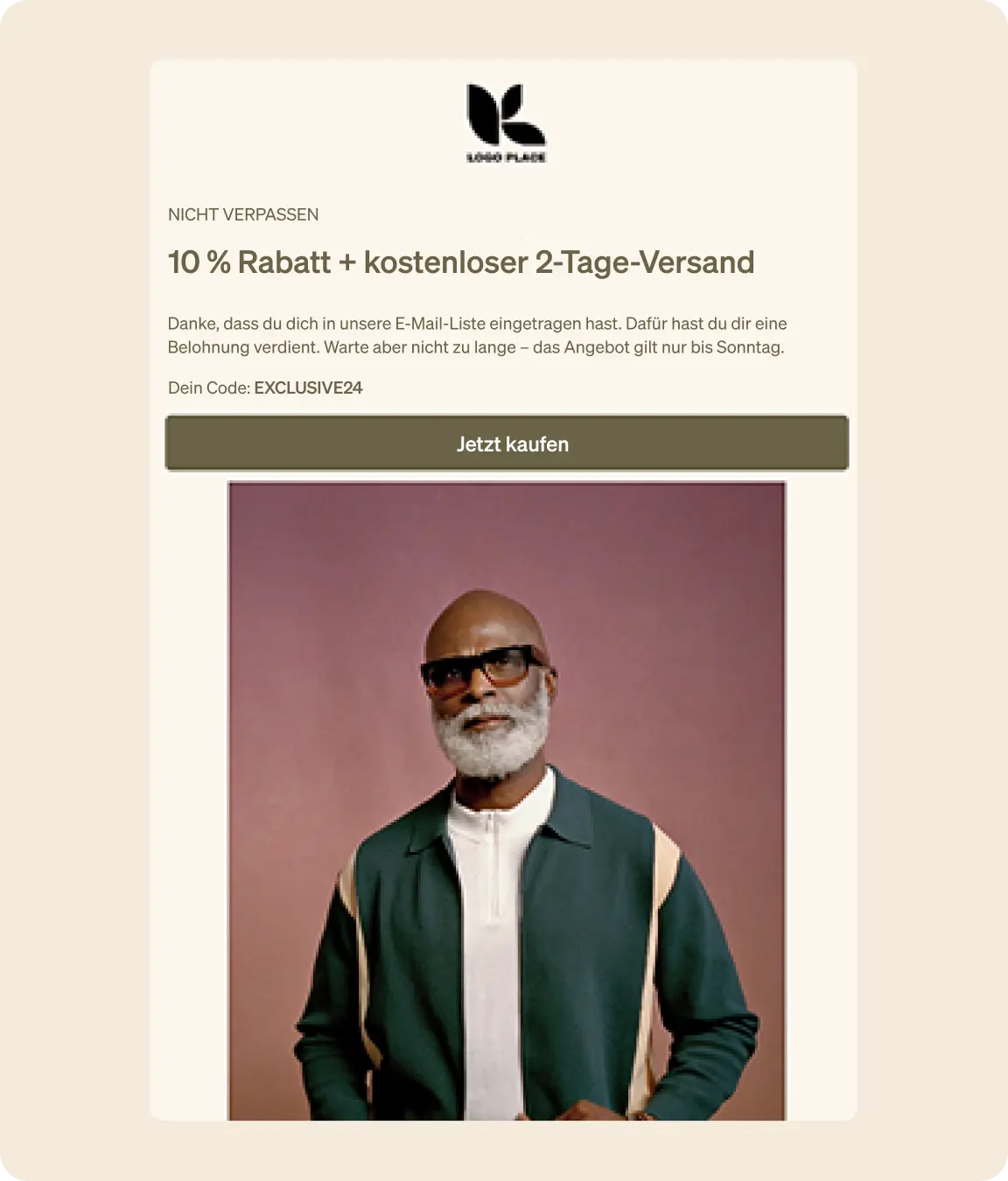Werbung mit 10 % Rabatt und kostenlosem 2-Tage-Versand. Bild eines Mannes mit Brille und Bart. Rabattcode: EXCLUSIVE24.
