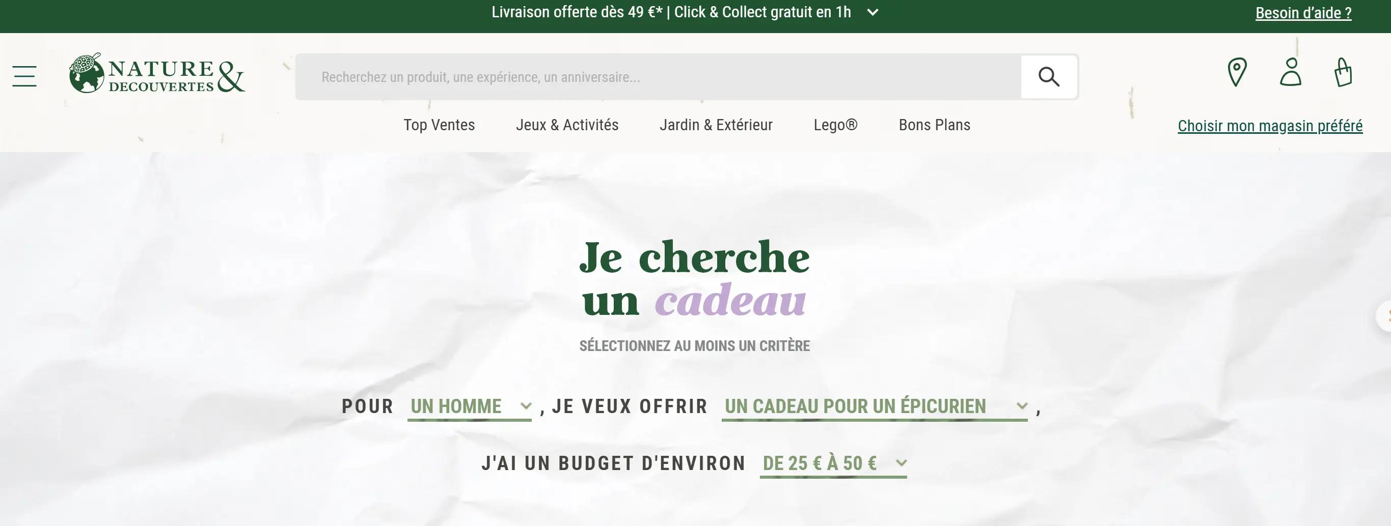 Interface du site Nature & Découvertes montrant un assistant de recherche de cadeaux personnalisés basé sur le profil de la personne, ses goûts et le budget, idéal pour orienter les achats Fête des Pères.
