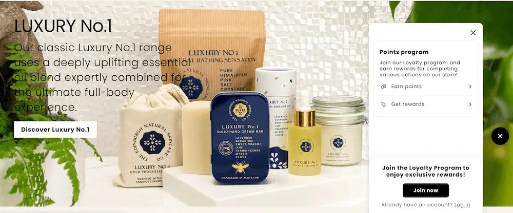 Image shows a fly-out form on the Edinburgh Skincare website which appears when they click on a teaser in the lower right corner. The form encourages visitors to join the brand’s loyalty program for access to exclusive rewards.