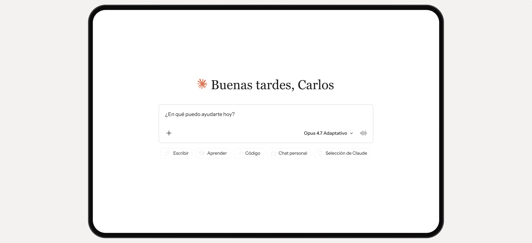 A digital screen displaying an AI assistant interface in Spanish with a greeting, an input field, and several function buttons.