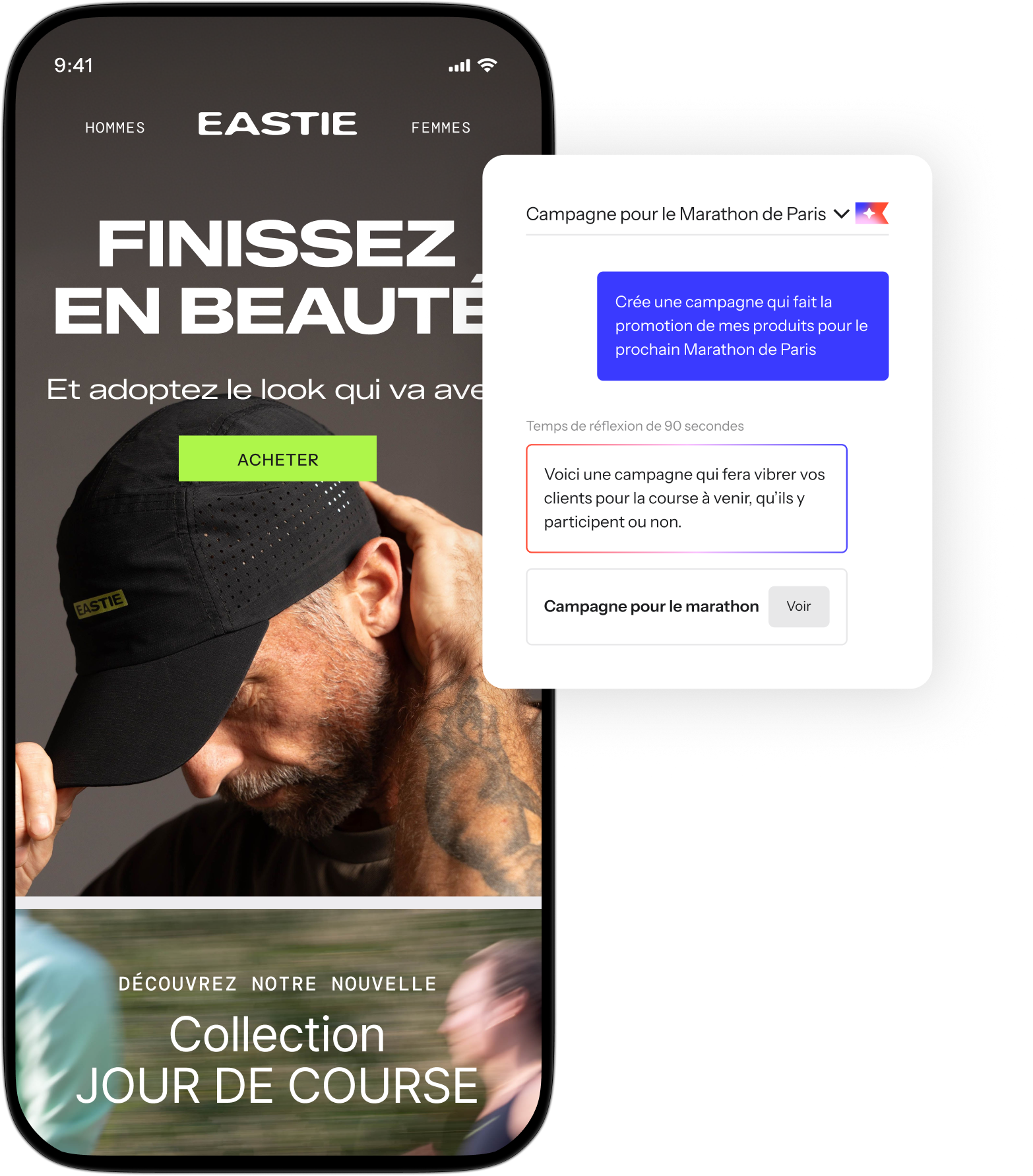 Klaviyo Composer generating a Boston Marathon campaign for Eastie, alongside a phone preview of the finished email