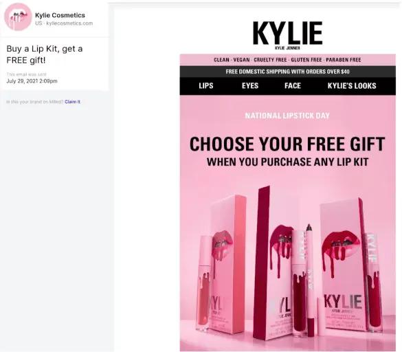 Image shows a marketing email from Kylie Cosmetics