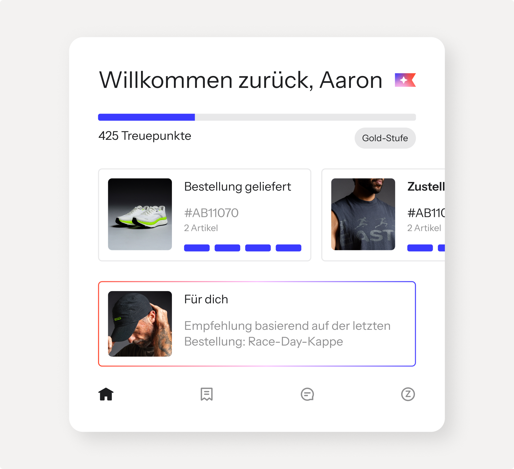 A mobile app dashboard showing a welcome message for Aaron, loyalty points, recent order statuses, and a product recommendation.