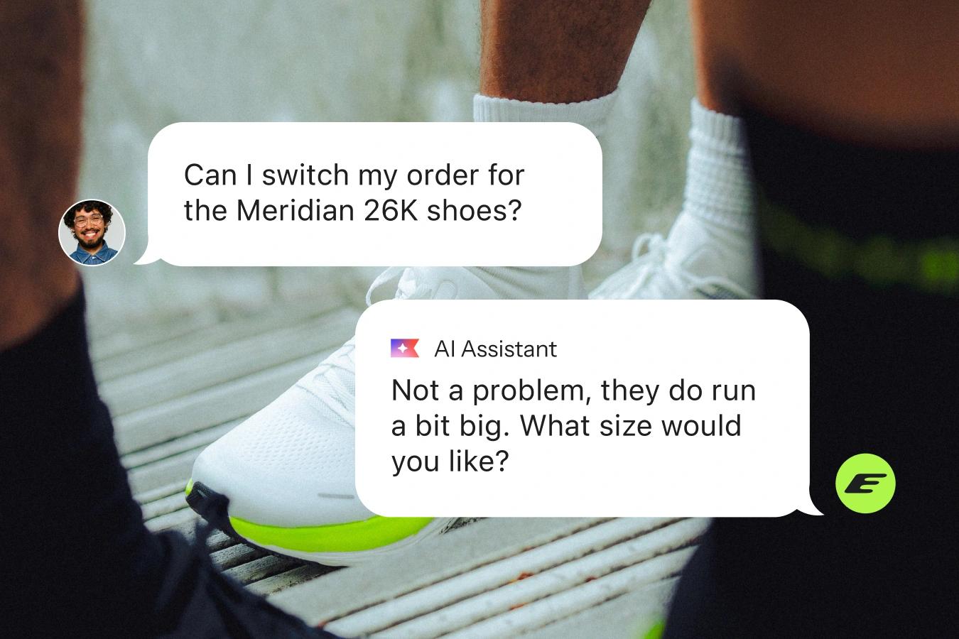 AI assistant chat about switching a shoe order overlays a runner wearing white sneakers.