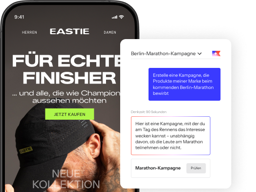 Klaviyo Composer generating a Boston Marathon campaign for Eastie, alongside a phone preview of the finished email