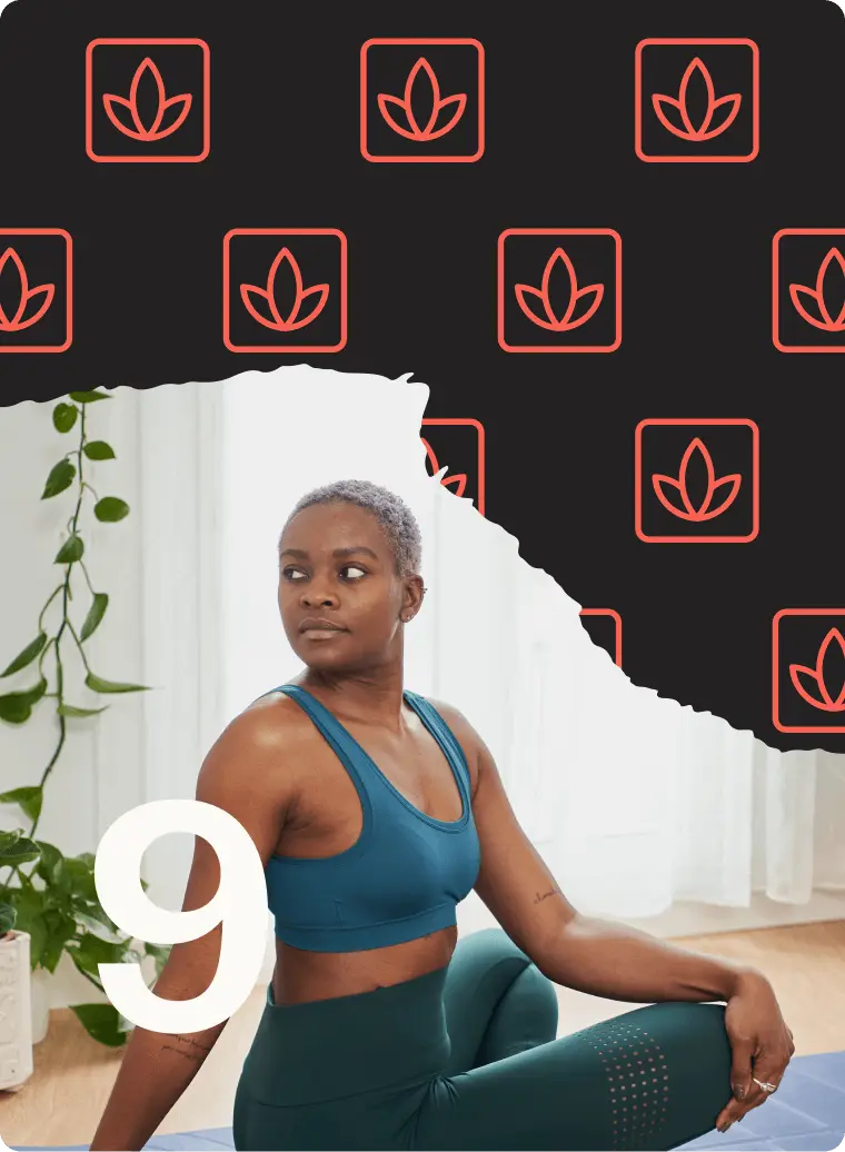 Person in workout attire sitting cross-legged, with a patterned background and the number 9 in the foreground.