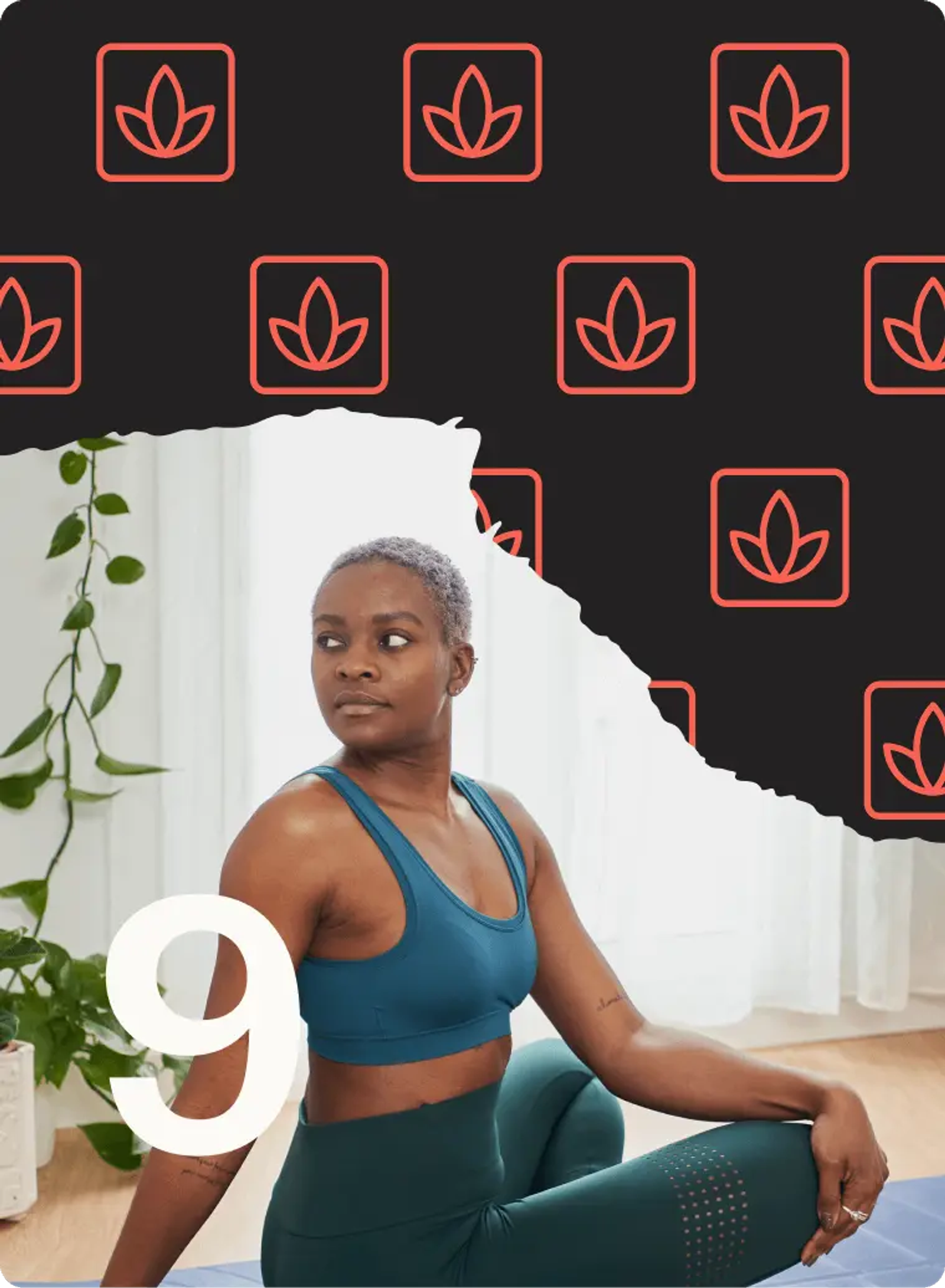 Person in workout attire sitting cross-legged, with a patterned background and the number 9 in the foreground.