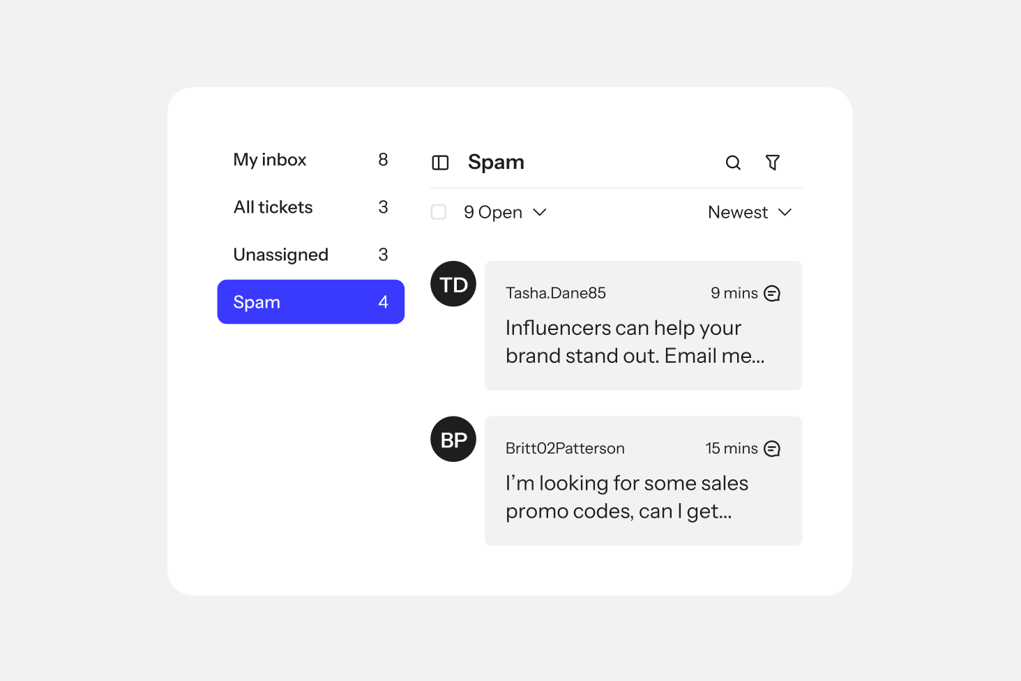 Spam inbox interface showing four flagged tickets and previews of two recent messages.