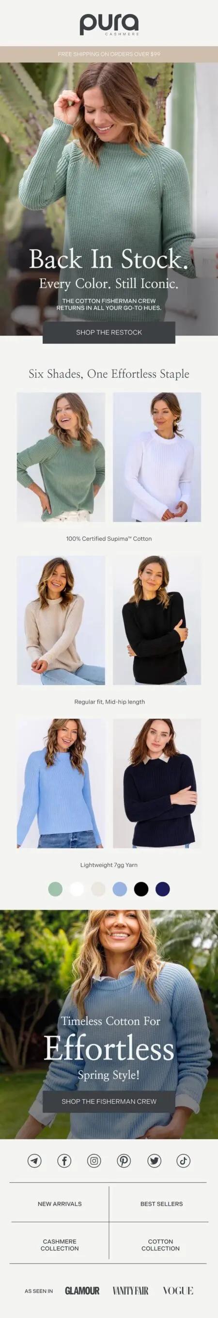 Image shows a marketing email from Pura Cashmere, announcing that a bestselling product is back in stock, including imagery of every available color and CTAs at the top and bottom.