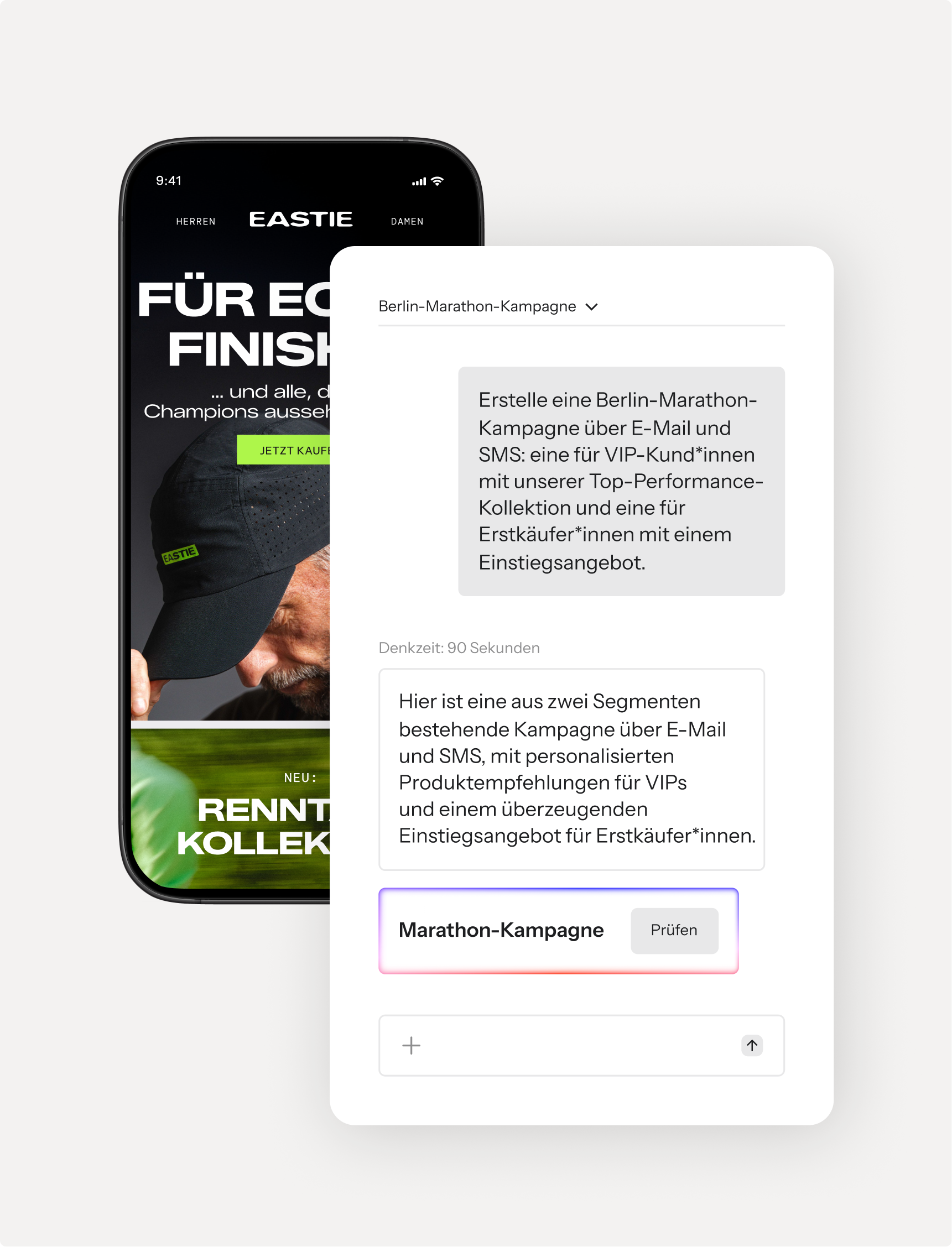A smartphone displays an e-commerce app for running gear, next to a digital marketing campaign interface in German describing a "Berlin-Marathon-Kampagne" for VIP and first-time buyers.