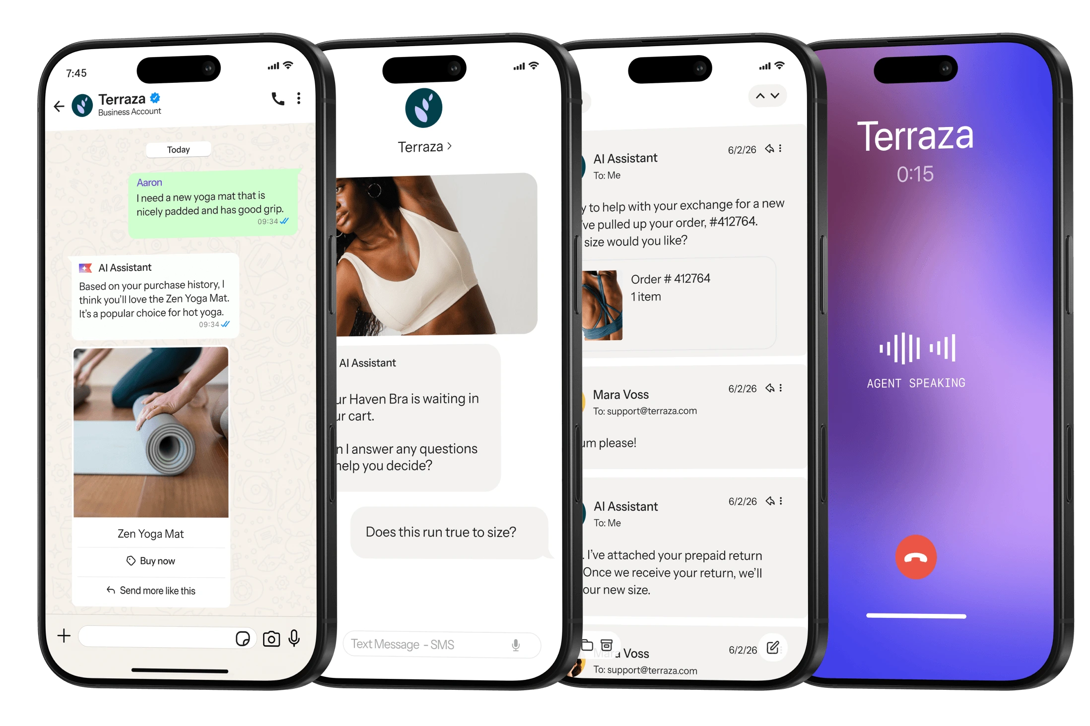 Four smartphones show Terrazza AI customer support across chat, SMS, email, and a live voice call.