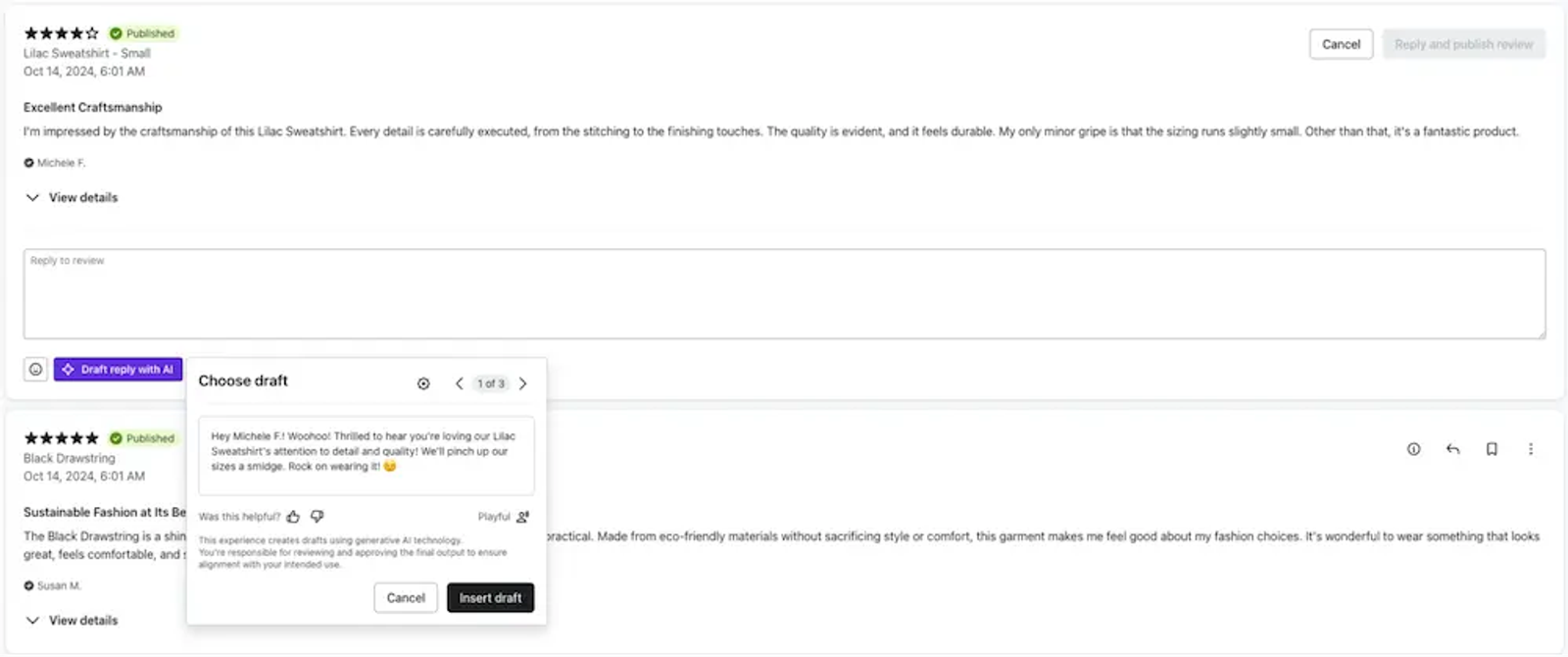 Image shows a screenshot from the Klaviyo dashboard, showing a 4-star product review and a text box for replying to the review. Beneath the box is a purple CTA button that says, “Draft reply with AI,” and a pop-up window displaying 3 possible replies to choose between. The pop-up window contains two CTA buttons: “cancel” or “insert draft.”