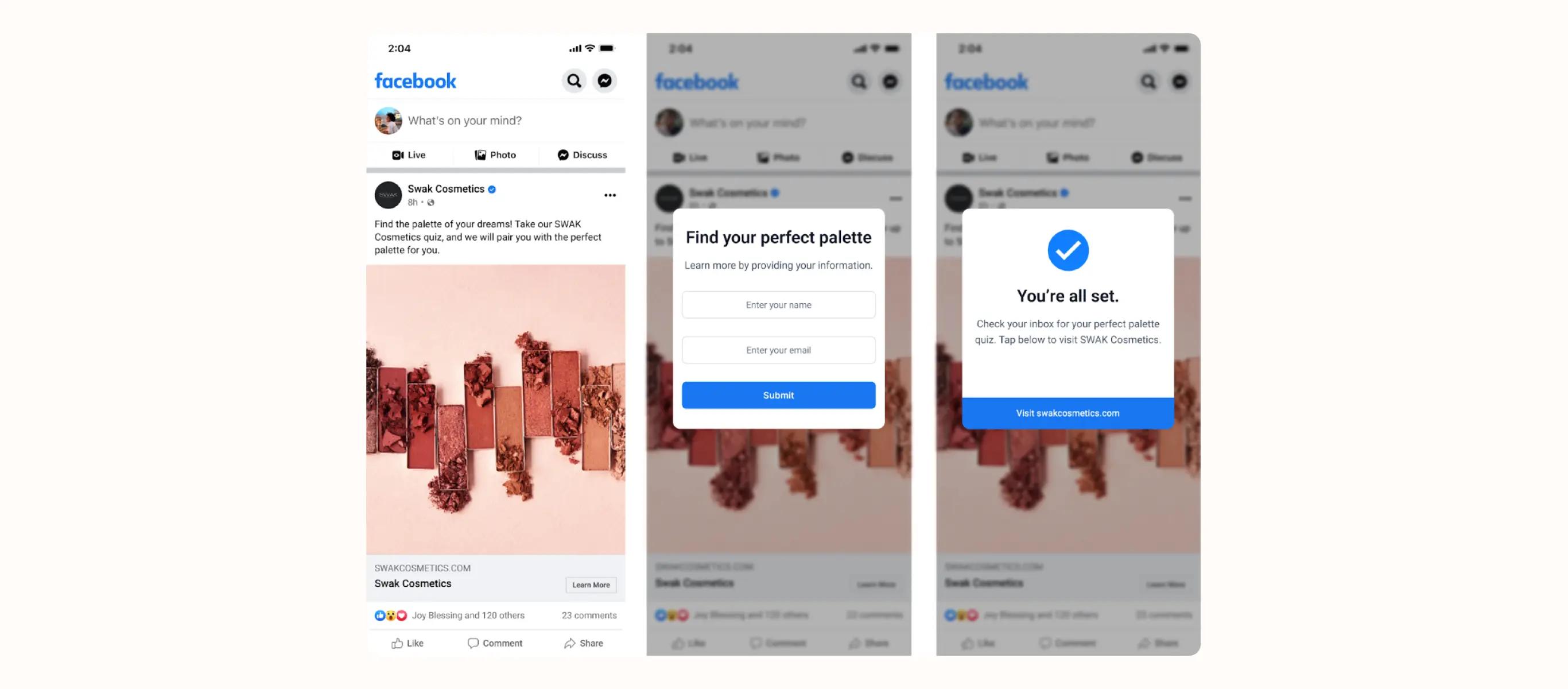 Drei Facebook-Screenshots zeigen eine Anzeige von Swak Cosmetics mit einem Quiz zur perfekten Farbpalette und einem Anmeldeformular.