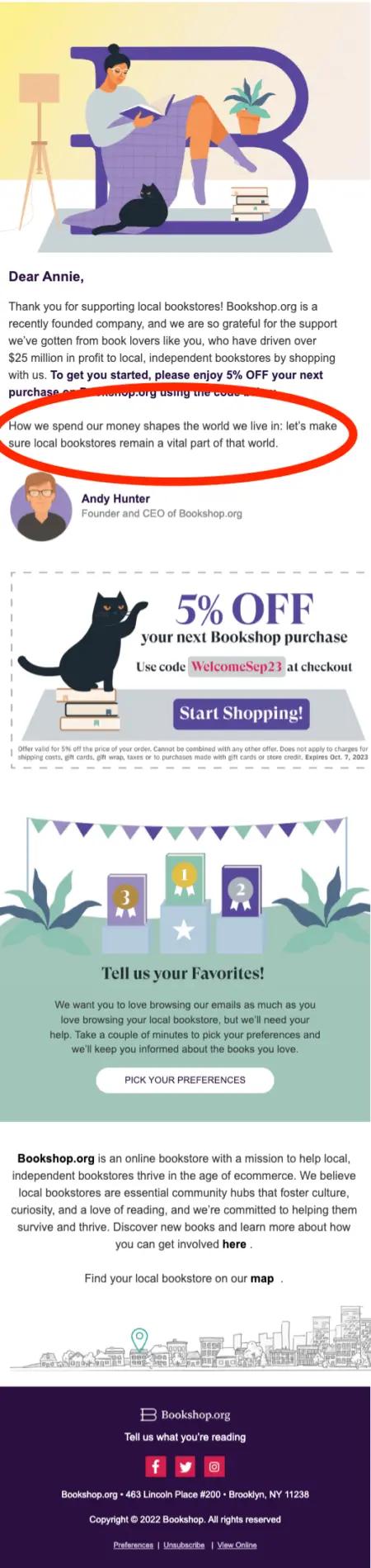 Image shows an email from Bookshop to a new subscriber during the conversion stage that emphasizes the brand’s ethical stance on supporting small, independent bookstores.