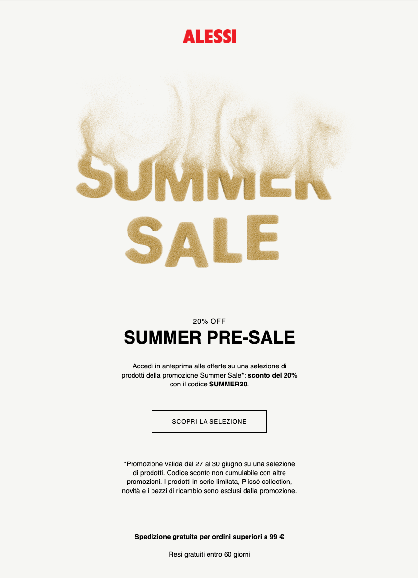 An Alessi promotional email for a "Summer Pre-Sale." At the top is the red Alessi logo, followed by the words "SUMMER SALE" written in a stylized font that appears to be made of golden sand blowing in the wind. Below this graphic, the text "20% OFF SUMMER PRE-SALE" is displayed in bold black letters. The body of the email explains that customers can get early access to a 20% discount on selected products using the code "SUMMER20." A white "SCOPRI LA SELEZIONE" (Discover the Selection) button is centered. Fine print at the bottom specifies the dates (June 27–30) and exclusions, followed by icons for free shipping over 99€ and free 60-day returns.