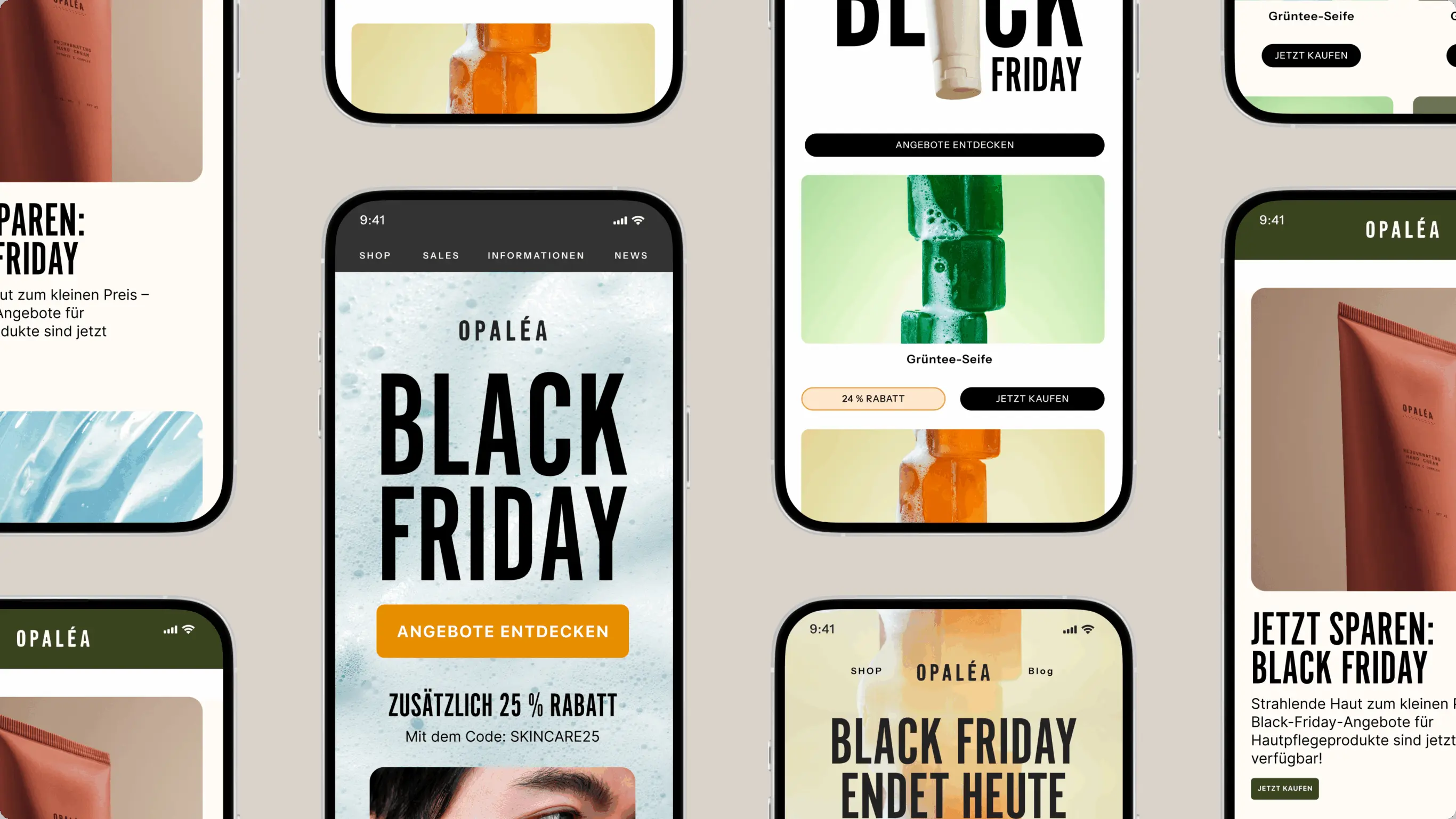 Mehrere Smartphone-Bildschirme zeigen Opaléa Black Friday-Angebote mit Rabatten und Produktbildern.
