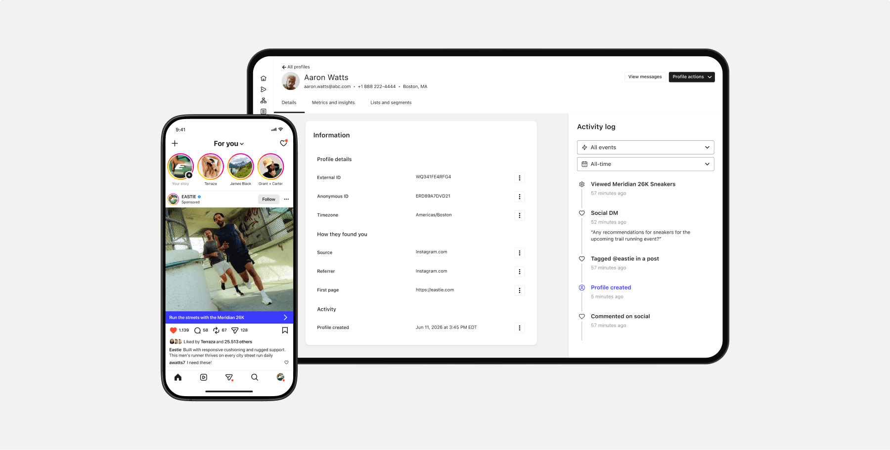 A smartphone displays a social media feed, while a tablet shows a customer profile with an activity log detailing user interactions and product views.