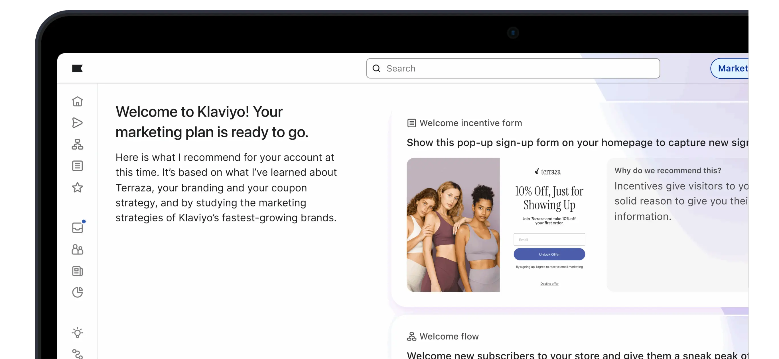 Klaviyo marketing dashboard with a welcome message and pop-up sign-up form offering a 10% discount.