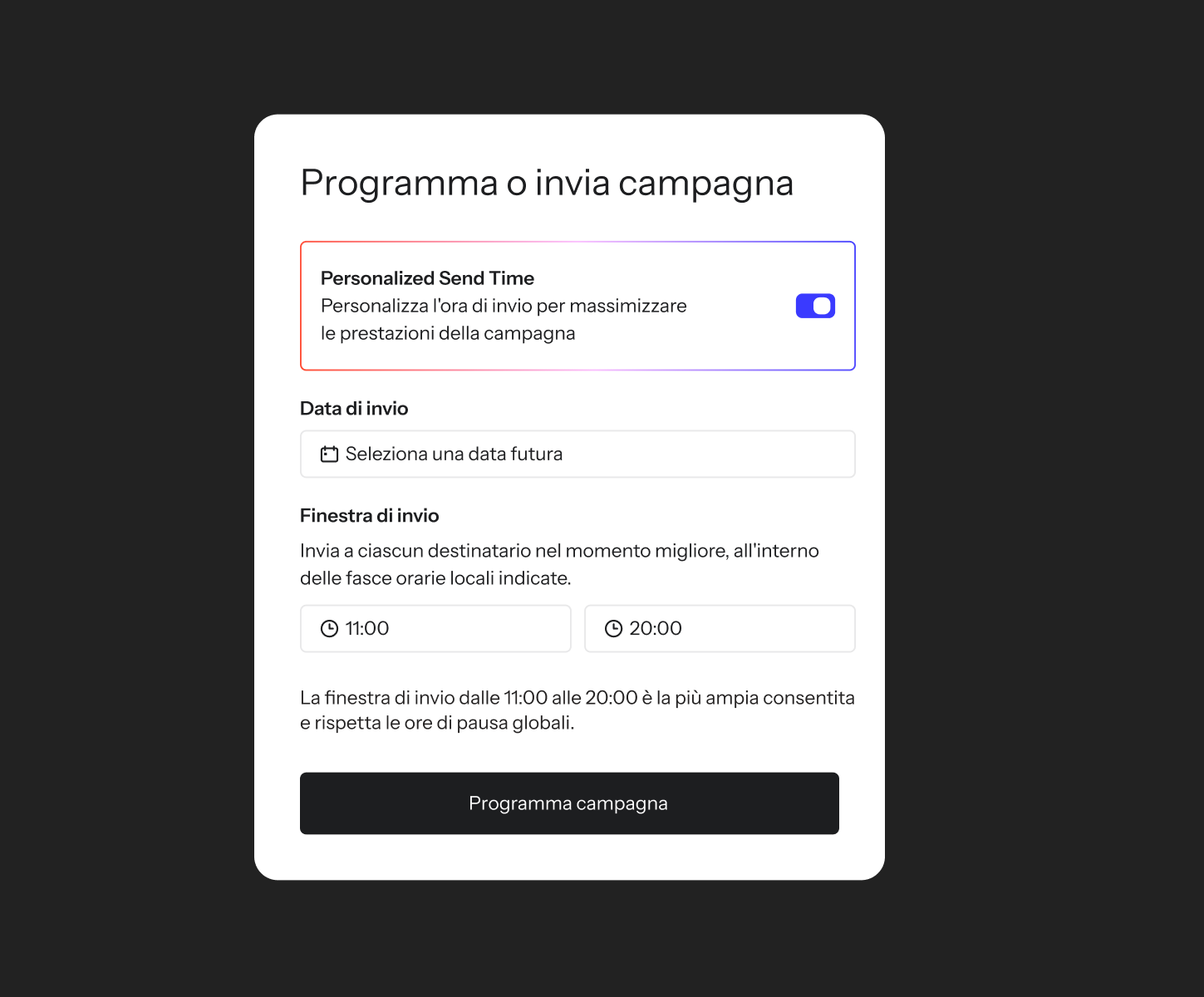 The "Schedule or send campaign" panel with Personalized Send Time toggled on, a sending window set from 11:00 AM to 8:00 PM, and a "Schedule campaign" button.