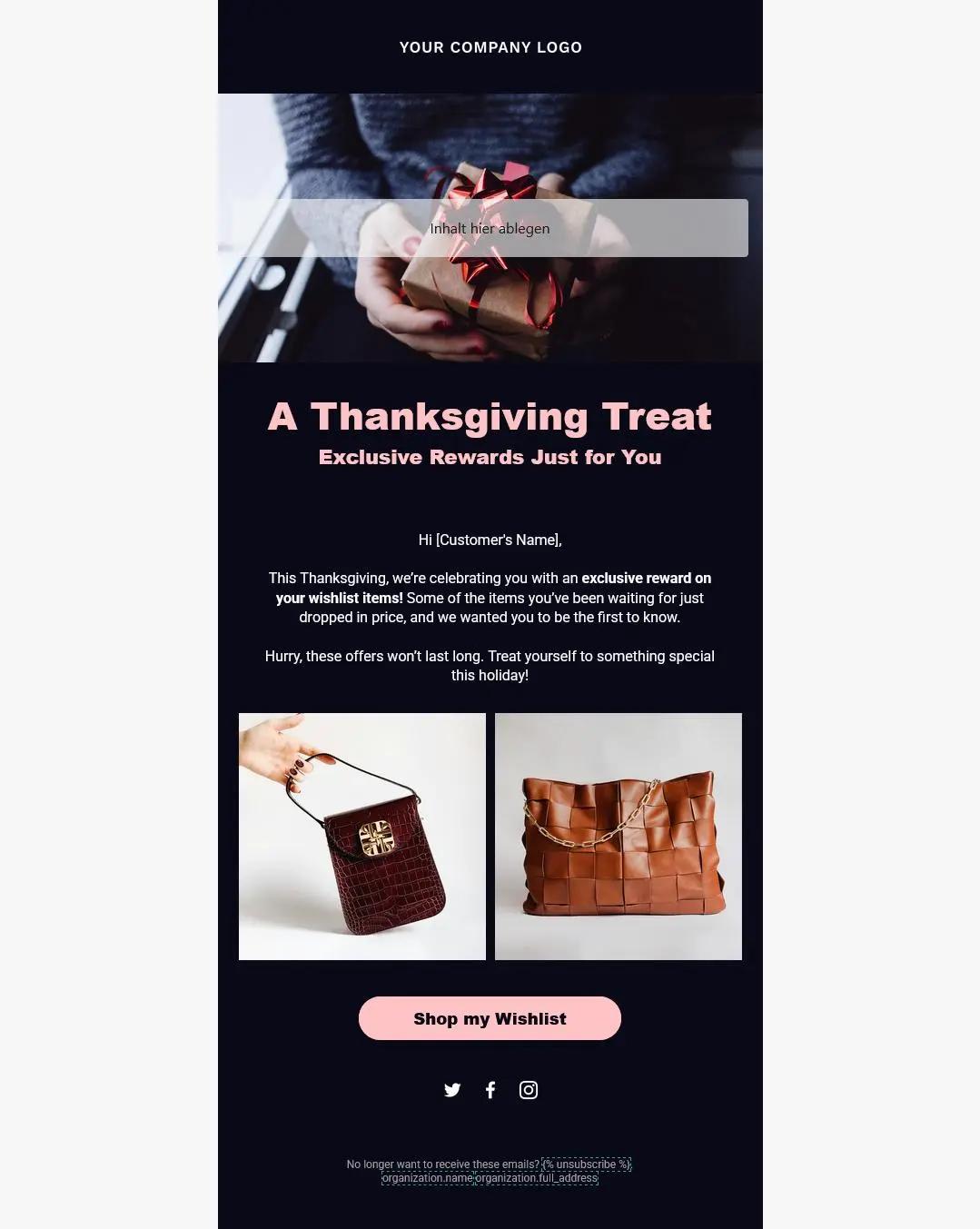 Thanksgiving promotional email featuring a person holding a gift, two handbags, and a "Shop my Wishlist" button.