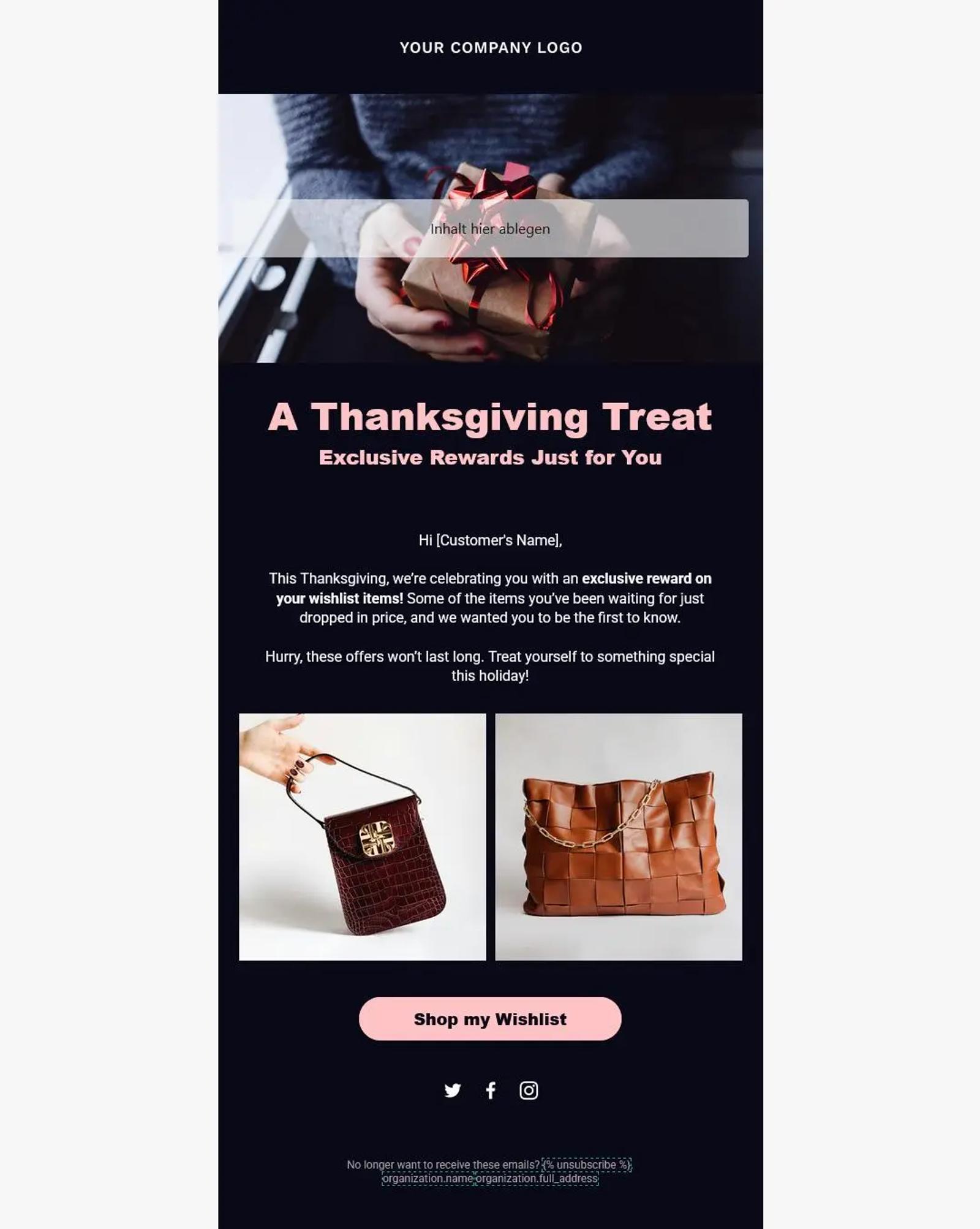 Thanksgiving promotional email featuring a person holding a gift, two handbags, and a "Shop my Wishlist" button.