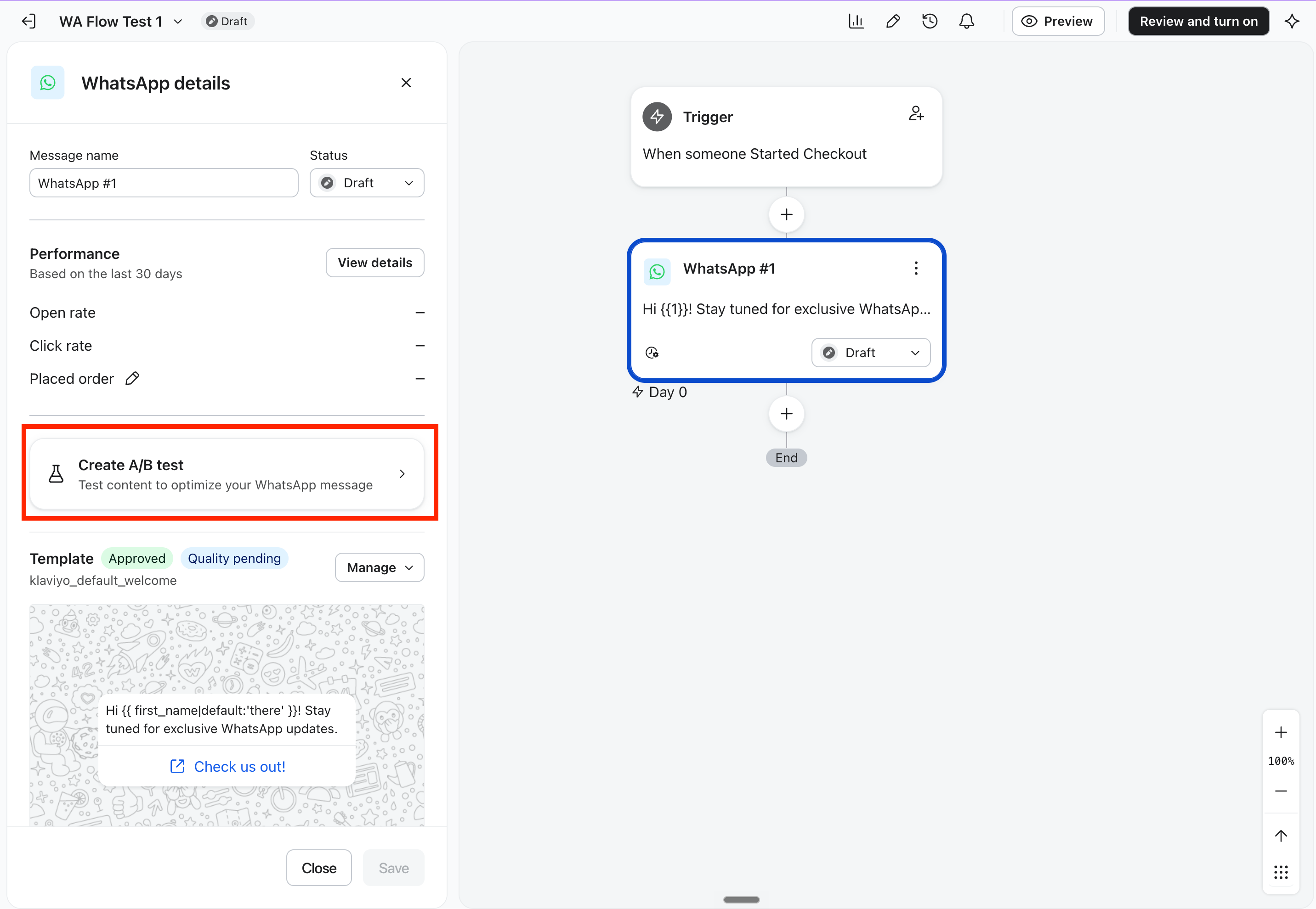 A WhatsApp flow builder interface showing a highlighted 'Create A/B test' button and a 'WhatsApp #1' message block in the flow.