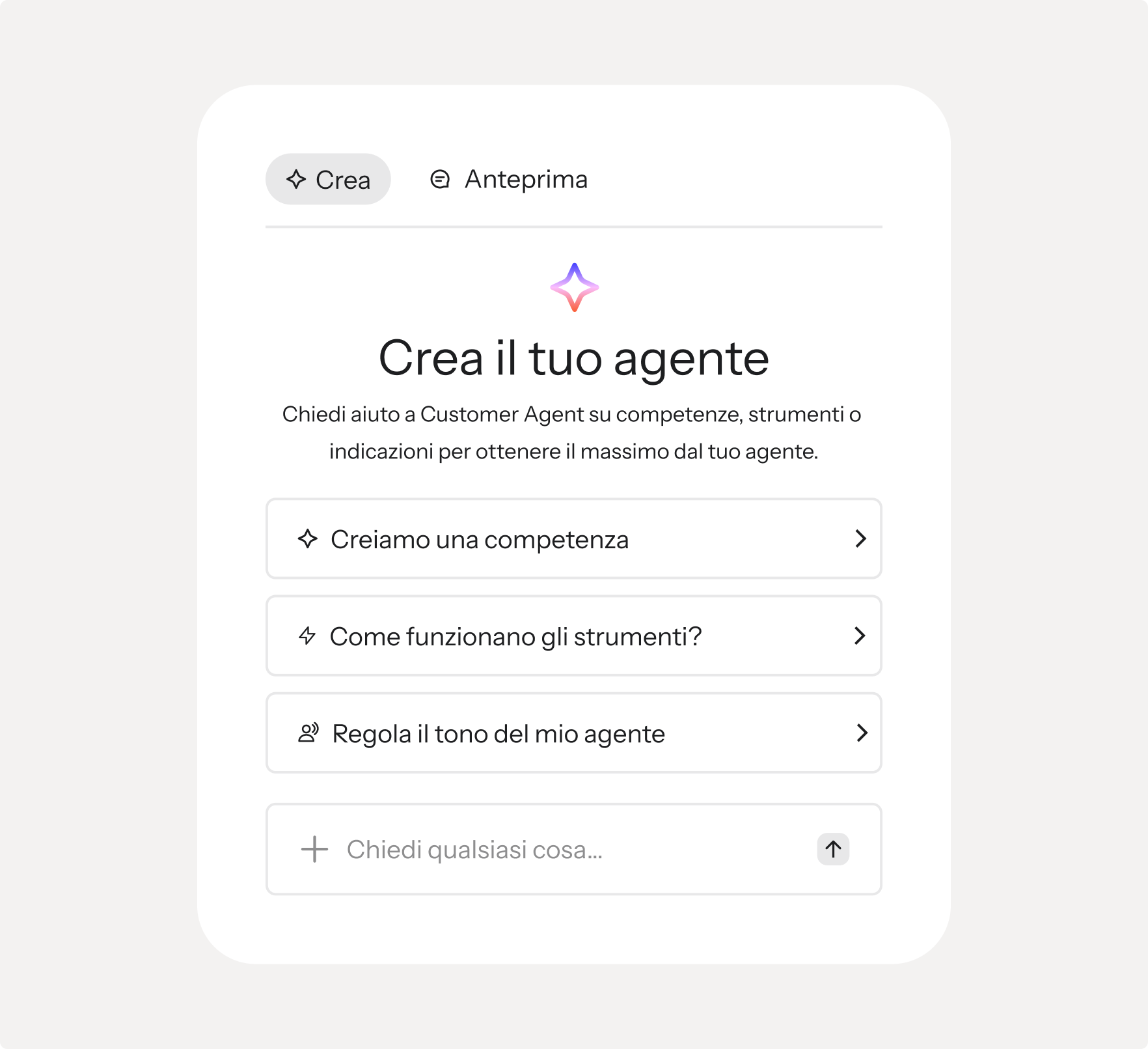 Italian UI screen for creating an agent, with options like 'Creiamo una competenza' (Create a skill) and 'Regola il tono del mio agente' (Adjust agent's tone).