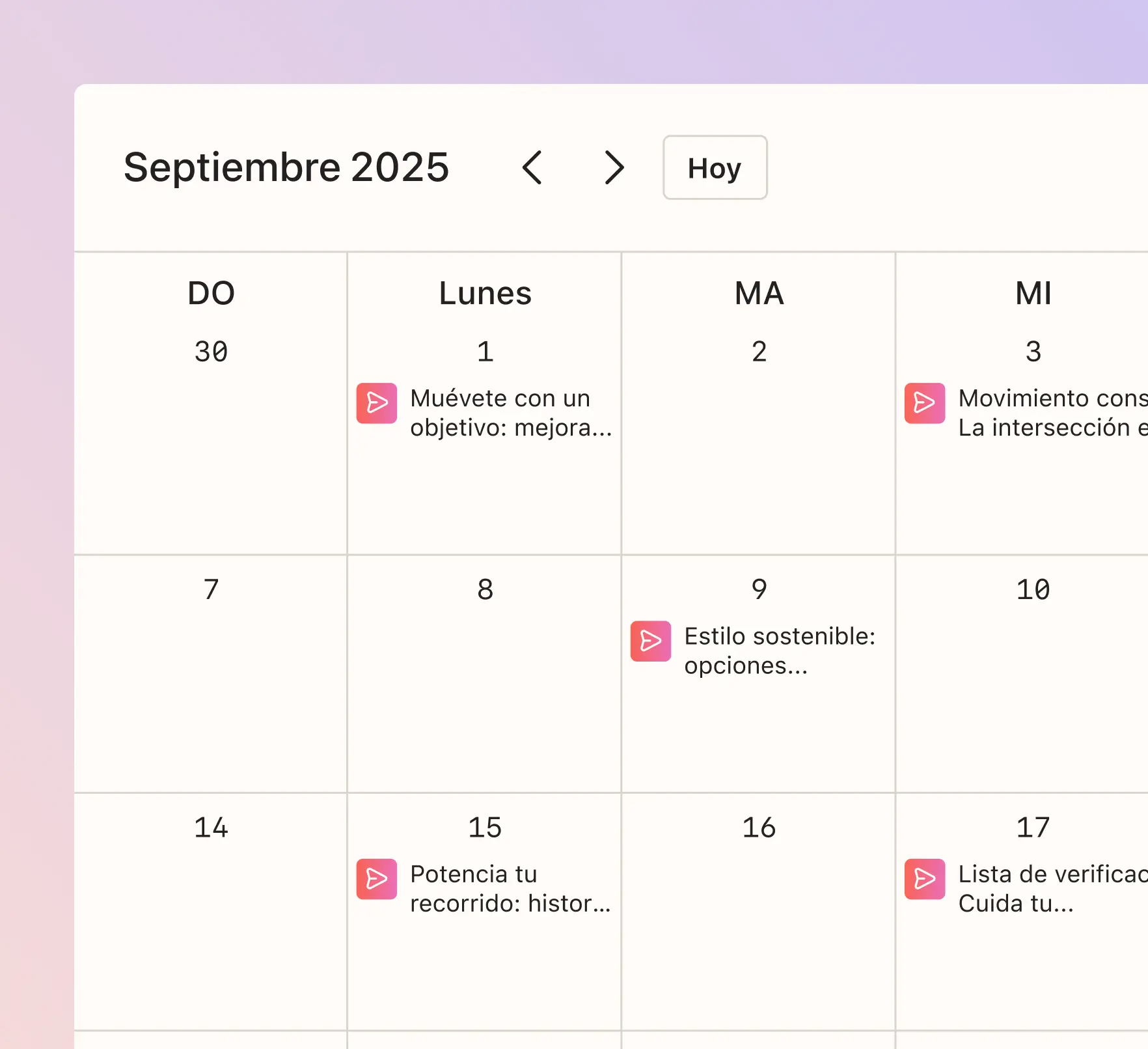 Calendario de septiembre 2025 con eventos destacados los días 1, 3, 9, 15 y 17.