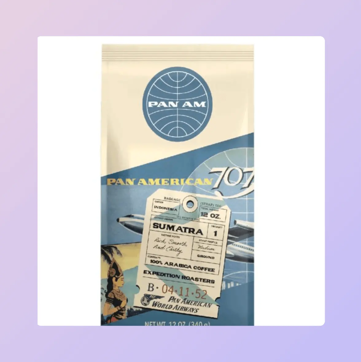 Pan Am-themed coffee bag labeled "Sumatra" with vintage airline graphics and a plane illustration.