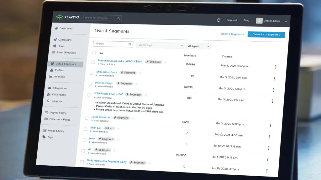 an image of a laptop open and on the screen is a Klaviyo account showing segmentation of the email list