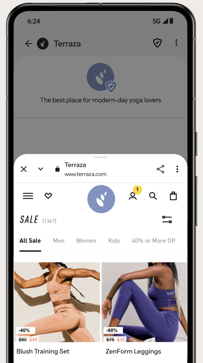 A smartphone displays the Terrazza online store for yoga lovers, showing a sale page with a blush training set and purple leggings.