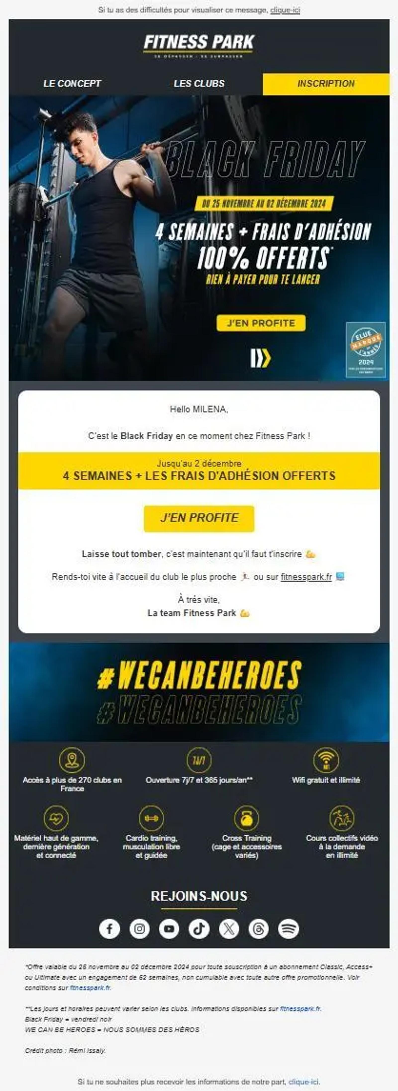 Offre Black Friday de Fitness Park : visuel d’un sportif en salle de musculation avec la mention "4 semaines + frais d’adhésion 100 % offerts" et un bouton d’appel à l’action "J’en profite".
