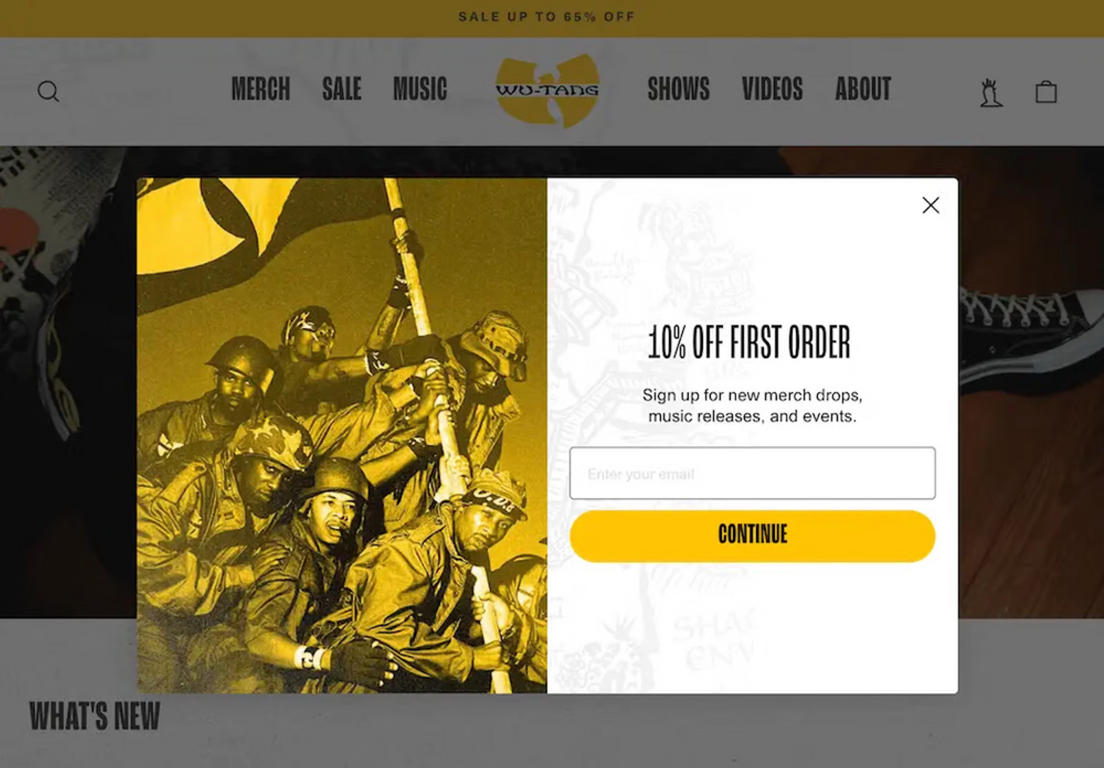 Image shows a desktop pop-up form from the Wu-tang Clan’s official online shop, with a horizontal layout, image on the left, and background illustrations. The image on the left is a sepia-toned image of a group of 6 soldiers dressed in army gear carrying a flagpole.