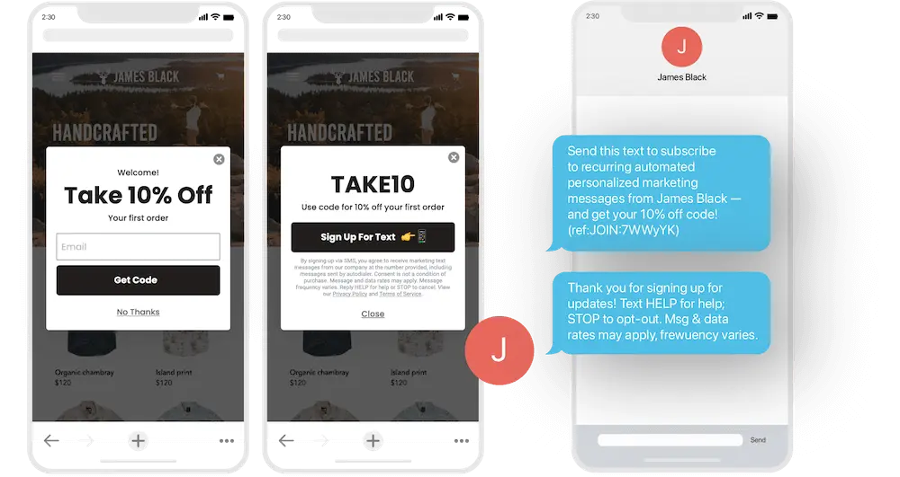 Image shows an example of a multi-step sign up form that asks for an email address on the first screen and offers a click-to-text option for SMS subscription on the second screen.