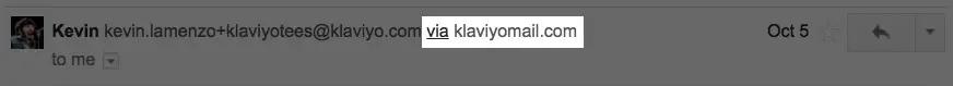 Image shows an example of how the shared domain “klaviyomail.com” appears in the sender information at the top of an email in someone’s inbox.