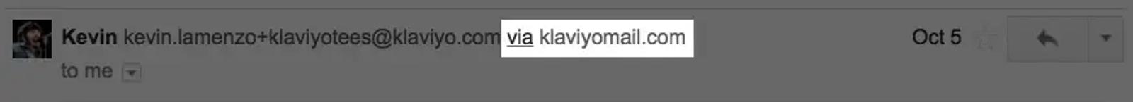 Image shows an example of how the shared domain “klaviyomail.com” appears in the sender information at the top of an email in someone’s inbox.