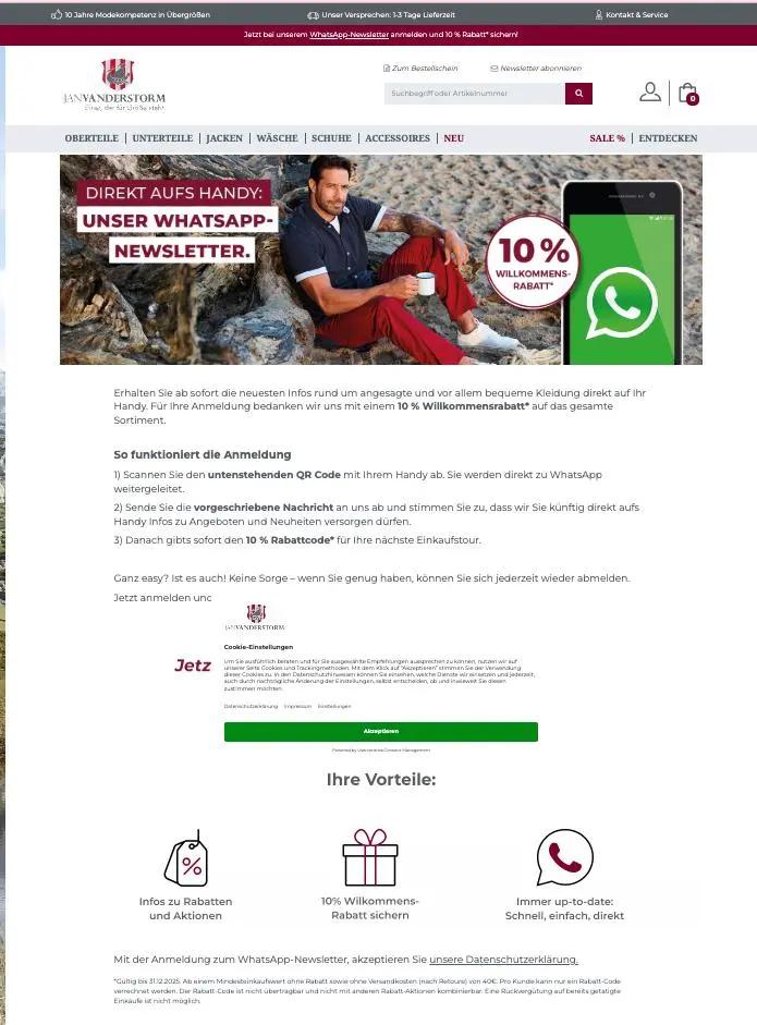 Jan Vanderstorm Webseite mit Werbung für WhatsApp-Newsletter. Mann sitzt auf Felsen, daneben ein Handy mit "10% Willkommensrabatt".