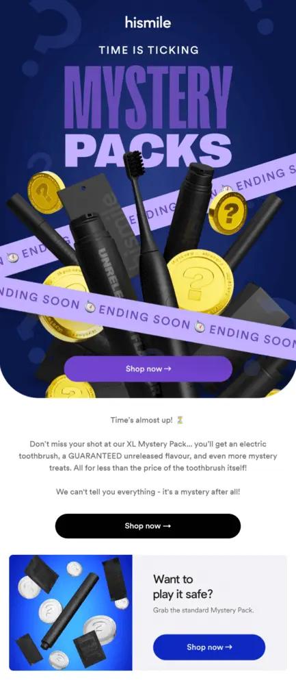 Image shows several oral care products haphazardly bursting from the bottom of the screen against a dark blue background. All products are black and include a toothbrush and toothpaste, and they’re surrounded by golden circles with question marks inside them. A purple CTA underneath says, “Shop now.”