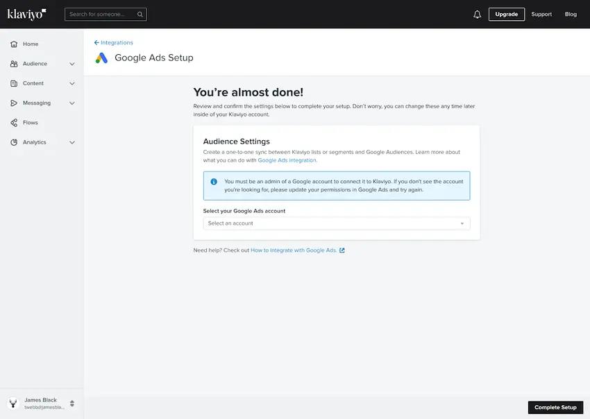 Google Ads set-up screen with audience settings to sync with Klaviyo