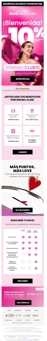 Singularu Club welcome email featuring a smiling woman with pink heart balloons, announcing a 10% discount on first purchase with code CLUB10.