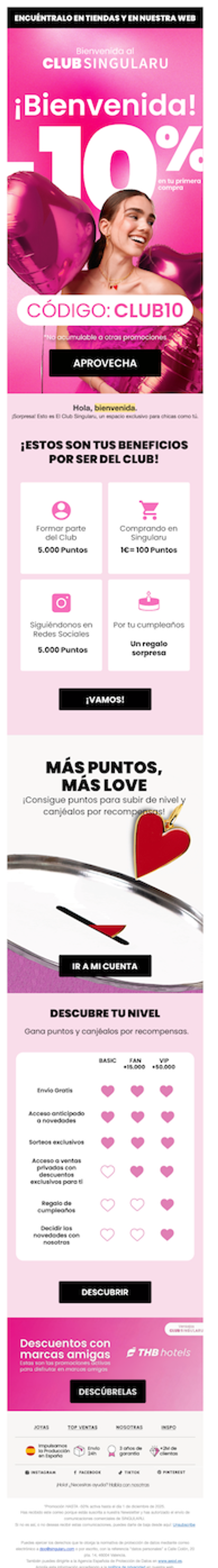 Singularu Club welcome email featuring a smiling woman with pink heart balloons, announcing a 10% discount on first purchase with code CLUB10.