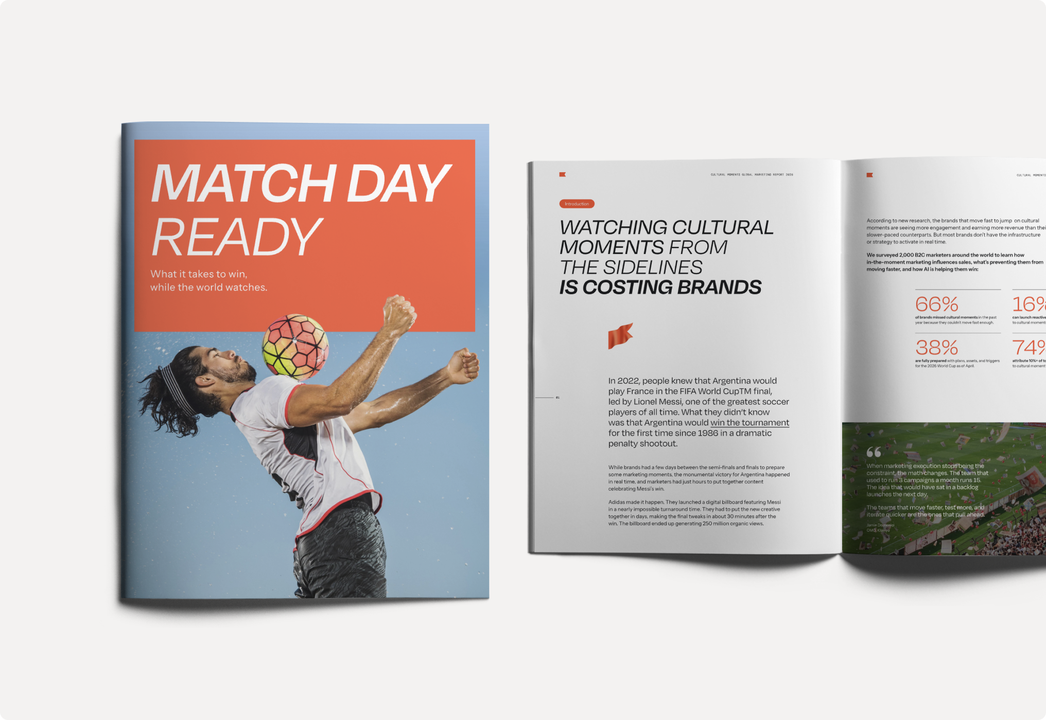 A publication titled 'Match Day Ready' with a soccer player heading a ball on its cover, shown next to an open spread discussing how 'Watching Cultural Moments From The Sidelines Is Costing Brands'.
