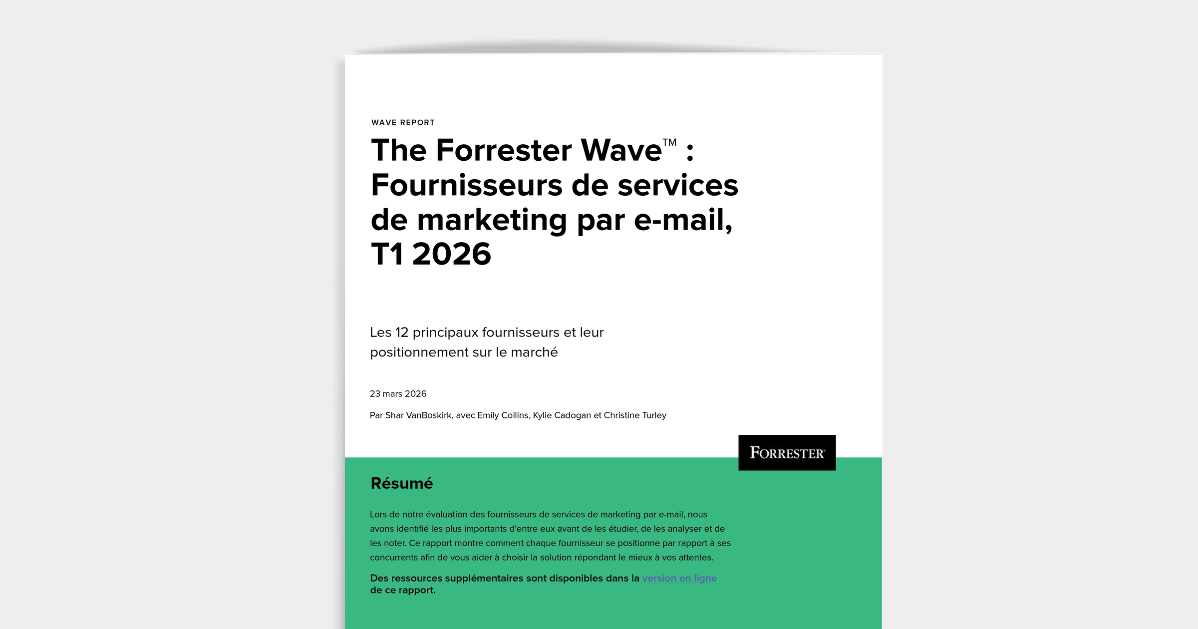 Forrester Wave report titled "Email Marketing Service Providers, Q1 2026".