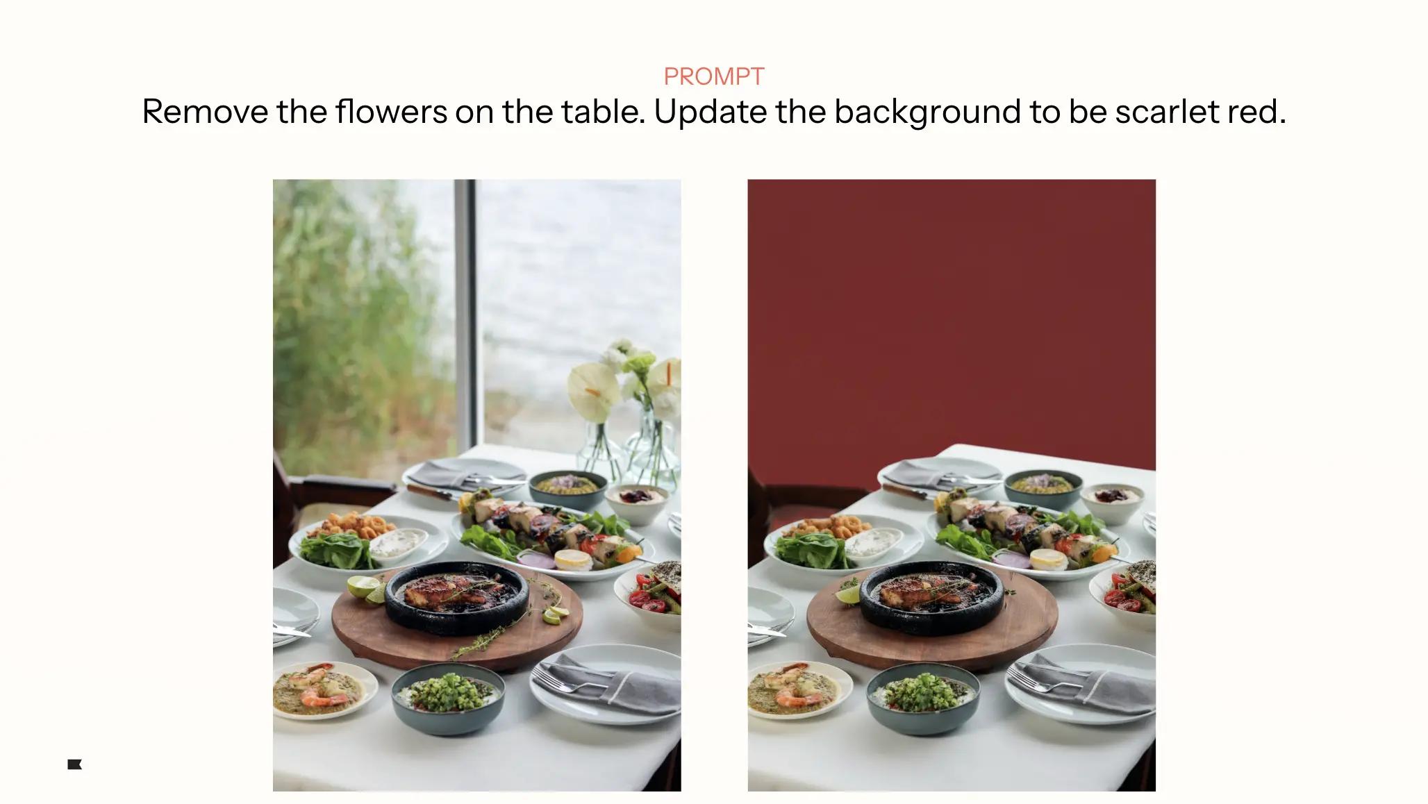 Two side-by-side images of a dining table with food. Left: flowers on table, outdoor view. Right: flowers removed, scarlet red background.