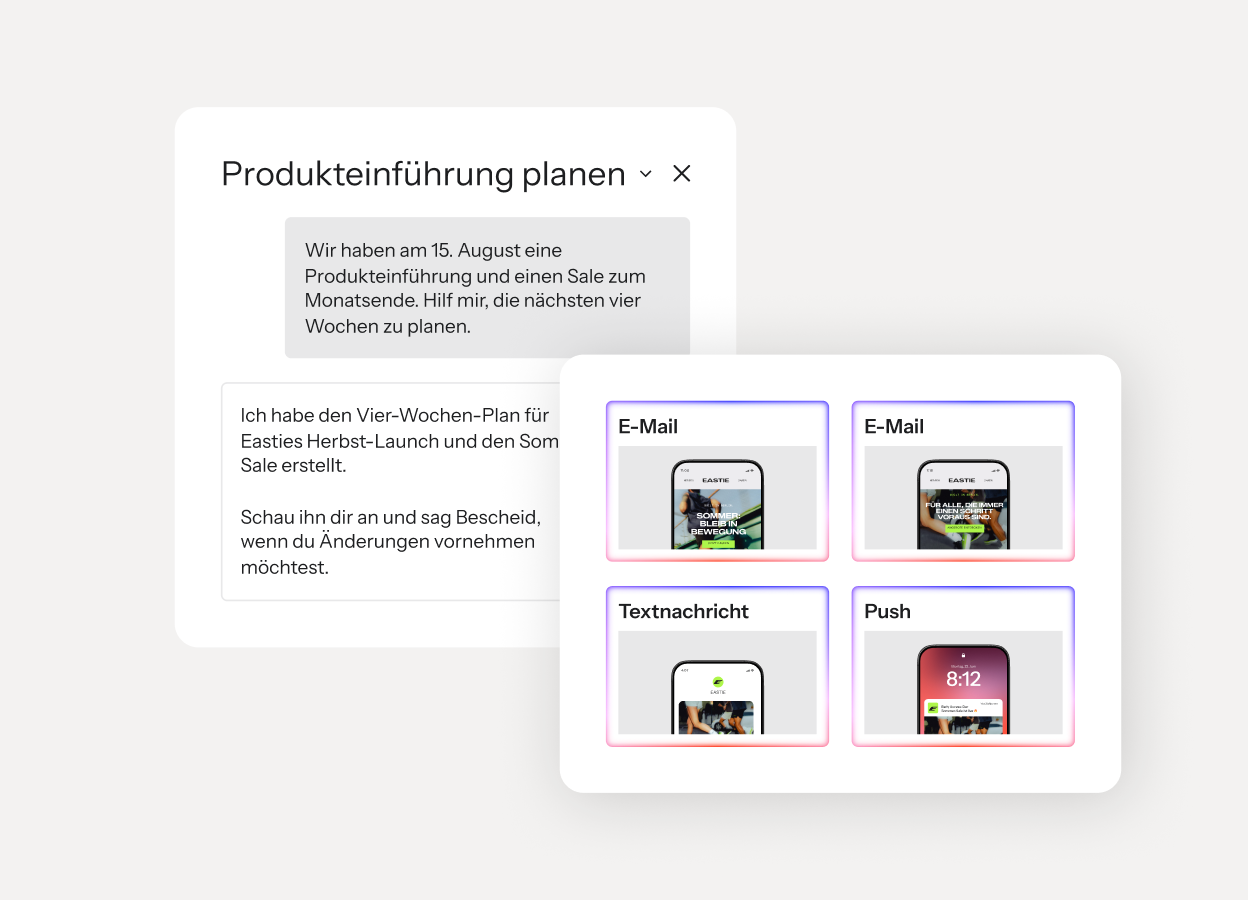 AI-generated four-week product launch plan with email, text, and push campaign previews.
